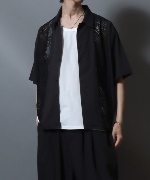 ANPAS(アンパス)の「Short-Sleeve Lace Panel Shirt / レースパネル半袖シャツ オープンカラー 開襟シャツ メンズ トップス(シャツ/ブラウス・メンズ・ブラック/ブラウン/ホワイト・L/M)」の21枚目の写真
