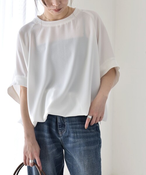 quaranciel(カランシエル)の「quaranciel:〈手洗い可能〉ジョーゼット ハーフスリーブ ドロスト ルーズ ブラウス(シャツ/ブラウス・レディース・チャコールグレー/オフホワイト/ブラック・ONE SIZE)」の6枚目の写真