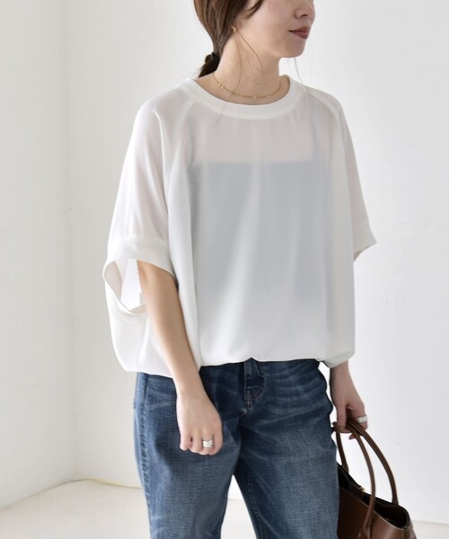 quaranciel(カランシエル)の「quaranciel:〈手洗い可能〉ジョーゼット ハーフスリーブ ドロスト ルーズ ブラウス(シャツ/ブラウス・レディース・チャコールグレー/オフホワイト/ブラック・ONE SIZE)」の7枚目の写真