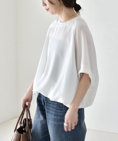 quaranciel(カランシエル)の「quaranciel:〈手洗い可能〉ジョーゼット ハーフスリーブ ドロスト ルーズ ブラウス(シャツ/ブラウス・レディース・チャコールグレー/オフホワイト/ブラック・ONE SIZE)」の11枚目の写真