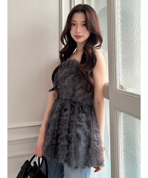 SNIDEL（スナイデル）の「チュール刺繍ベアペプラムトップス（シャツ/ブラウス・レディース・ダークグレー/ホワイト/ピンク・F）」の14枚目の写真