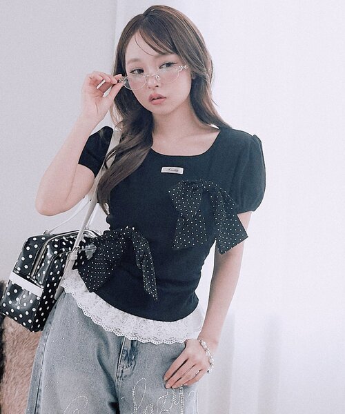 OLIVE des OLIVE(オリーブデオリーブ)の「リボンribbonTシャツ(Tシャツ/カットソー・レディース・トップグレー/オフホワイト/ブラック・FREE)」の18枚目の写真