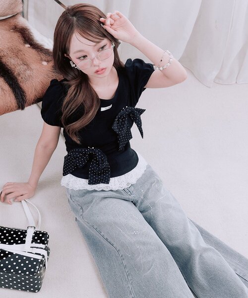 OLIVE des OLIVE(オリーブデオリーブ)の「リボンribbonTシャツ(Tシャツ/カットソー・レディース・トップグレー/オフホワイト/ブラック・FREE)」の19枚目の写真