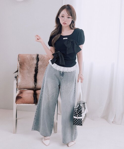 OLIVE des OLIVE(オリーブデオリーブ)の「リボンribbonTシャツ(Tシャツ/カットソー・レディース・トップグレー/オフホワイト/ブラック・FREE)」の21枚目の写真