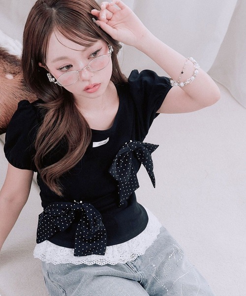 OLIVE des OLIVE(オリーブデオリーブ)の「リボンribbonTシャツ(Tシャツ/カットソー・レディース・トップグレー/オフホワイト/ブラック・FREE)」の2枚目の写真