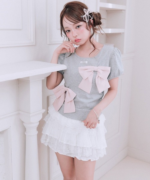 OLIVE des OLIVE(オリーブデオリーブ)の「リボンribbonTシャツ(Tシャツ/カットソー・レディース・トップグレー/オフホワイト/ブラック・FREE)」の3枚目の写真