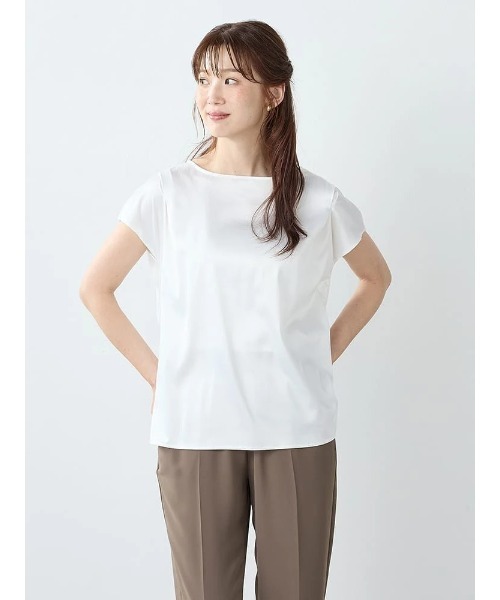 Perfect Suit FActory（パーフェクトスーツファクトリー）の「サテンドッキングトップス（Tシャツ/カットソー・レディース・オフホワイト/サーモンピンク/ブラック・L/M）」の2枚目の写真