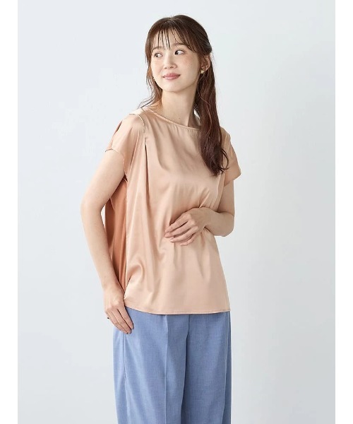 Perfect Suit FActory（パーフェクトスーツファクトリー）の「サテンドッキングトップス（Tシャツ/カットソー・レディース・オフホワイト/サーモンピンク/ブラック・L/M）」の3枚目の写真