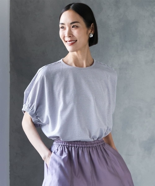 MICHEL KLEIN（ミッシェル・クラン）の「[新色追加/接触冷感]サッカードルマンスリーブカットソー（Tシャツ/カットソー・レディース・ベージュ/ネイビー/ボルドー/グレー/クリーム/ダークインディゴブルー・38）」の2枚目の写真
