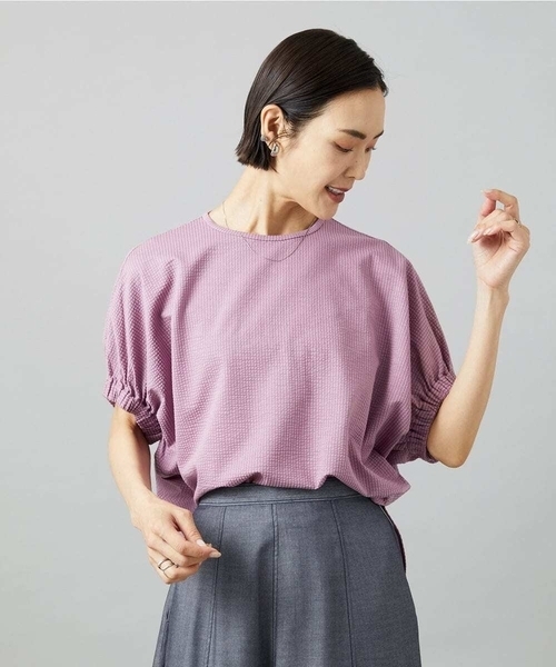 MICHEL KLEIN（ミッシェル・クラン）の「[新色追加/接触冷感]サッカードルマンスリーブカットソー（Tシャツ/カットソー・レディース・ベージュ/ネイビー/ボルドー/グレー/クリーム/ダークインディゴブルー・38）」の6枚目の写真