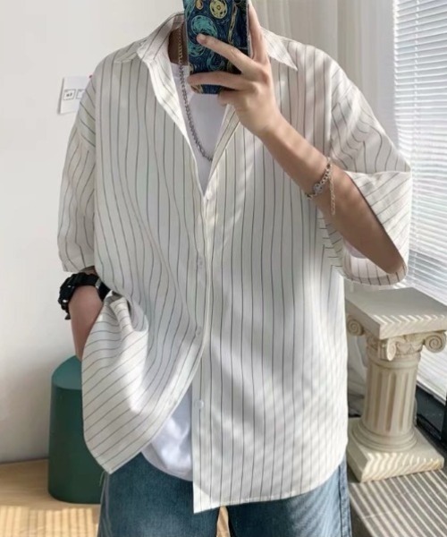 WYZ wear(ダブリューワイジィーウェア)の「オーバーサイズストライプ半袖シャツ/ユニセックス(シャツ/ブラウス・メンズ・ブラック/ホワイト・L/M/XL)」の14枚目の写真