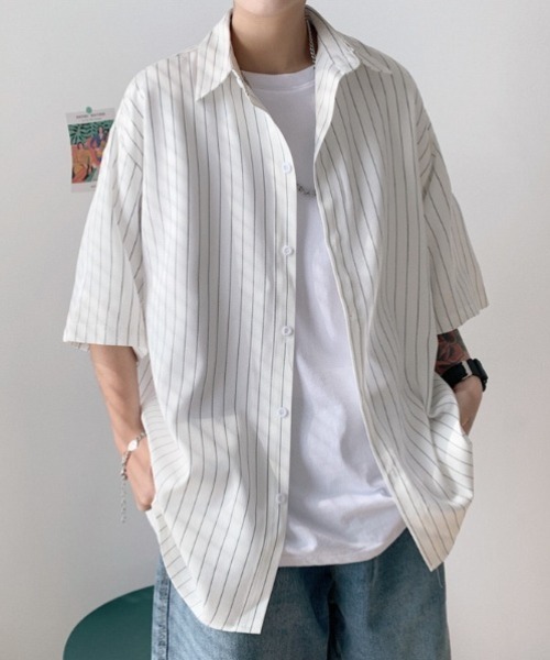 WYZ wear(ダブリューワイジィーウェア)の「オーバーサイズストライプ半袖シャツ/ユニセックス(シャツ/ブラウス・メンズ・ブラック/ホワイト・L/M/XL)」の15枚目の写真