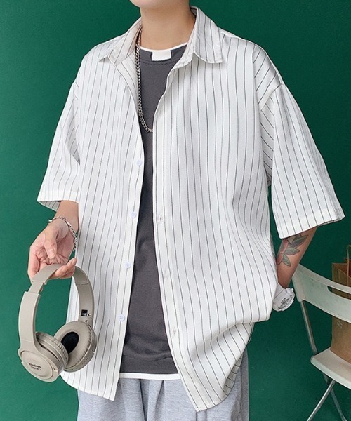 WYZ wear(ダブリューワイジィーウェア)の「オーバーサイズストライプ半袖シャツ/ユニセックス(シャツ/ブラウス・メンズ・ブラック/ホワイト・L/M/XL)」の17枚目の写真