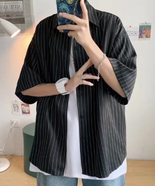 WYZ wear(ダブリューワイジィーウェア)の「オーバーサイズストライプ半袖シャツ/ユニセックス(シャツ/ブラウス・メンズ・ブラック/ホワイト・L/M/XL)」の20枚目の写真