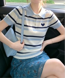 ワンポイントボーダー襟付きトップス
