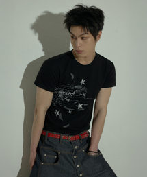LANARCHIVE（ランアーカイブ）の「[0096] スターフェザーグラフィックスリムTシャツ - ブラック（Tシャツ/カットソー）」