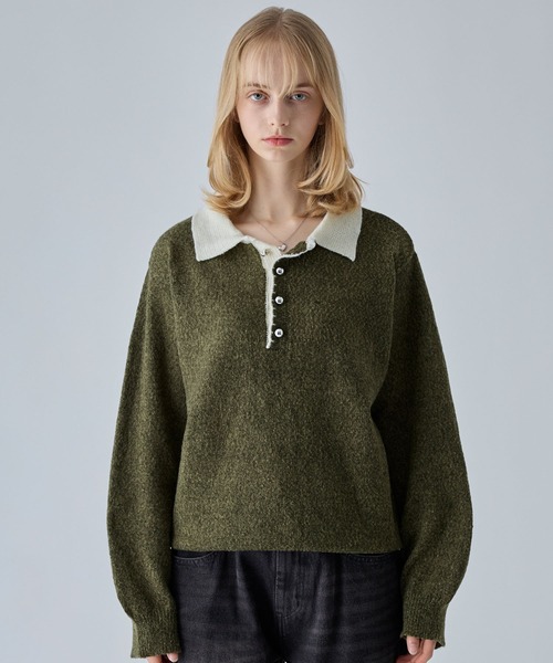 VELNUS(ベルナス)の「【VELNUS】Silver Button Contrast Melange Knit Polo Shirt / シルバーボタン配色メランジニットポロシャツ(ニット/セーター・メンズ・ブルー/カーキ/チャコールグレー・M/S/L)」の3枚目の写真