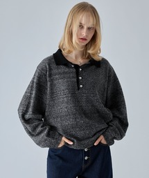 【VELNUS】Silver Button Contrast Melange Knit Polo Shirt / シルバーボタン配色メランジニットポロシャツ