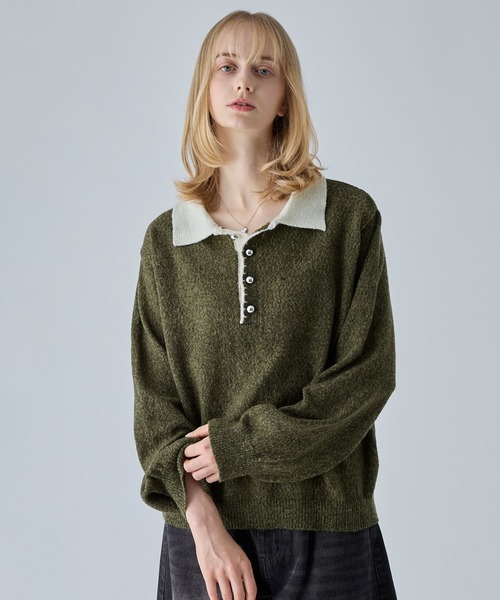 VELNUS(ベルナス)の「【VELNUS】Silver Button Contrast Melange Knit Polo Shirt / シルバーボタン配色メランジニットポロシャツ(ニット/セーター・メンズ・ブルー/カーキ/チャコールグレー・M/S/L)」の6枚目の写真