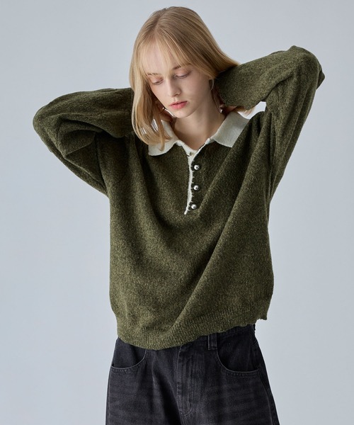 VELNUS(ベルナス)の「【VELNUS】Silver Button Contrast Melange Knit Polo Shirt / シルバーボタン配色メランジニットポロシャツ(ニット/セーター・メンズ・ブルー/カーキ/チャコールグレー・M/S/L)」の7枚目の写真