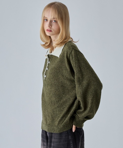 VELNUS(ベルナス)の「【VELNUS】Silver Button Contrast Melange Knit Polo Shirt / シルバーボタン配色メランジニットポロシャツ(ニット/セーター・メンズ・ブルー/カーキ/チャコールグレー・M/S/L)」の8枚目の写真