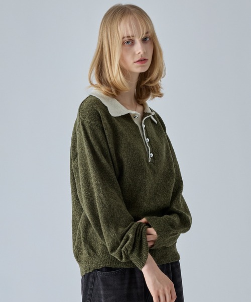 VELNUS(ベルナス)の「【VELNUS】Silver Button Contrast Melange Knit Polo Shirt / シルバーボタン配色メランジニットポロシャツ(ニット/セーター・メンズ・ブルー/カーキ/チャコールグレー・M/S/L)」の9枚目の写真