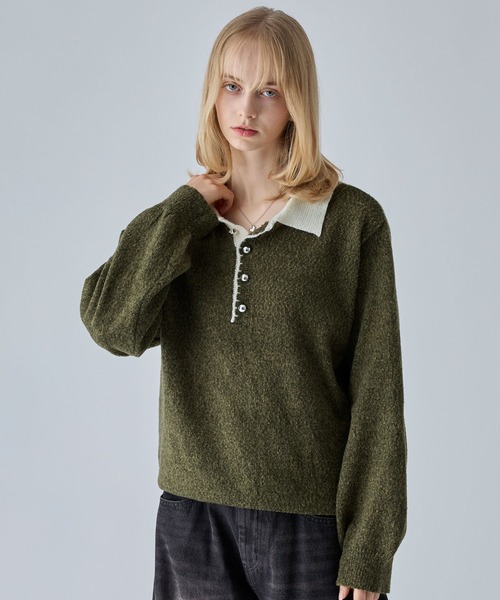 VELNUS(ベルナス)の「【VELNUS】Silver Button Contrast Melange Knit Polo Shirt / シルバーボタン配色メランジニットポロシャツ(ニット/セーター・メンズ・ブルー/カーキ/チャコールグレー・M/S/L)」の13枚目の写真