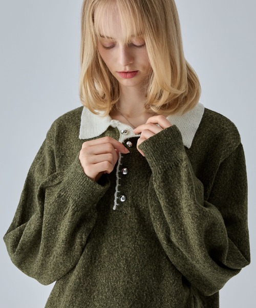 VELNUS(ベルナス)の「【VELNUS】Silver Button Contrast Melange Knit Polo Shirt / シルバーボタン配色メランジニットポロシャツ(ニット/セーター・メンズ・ブルー/カーキ/チャコールグレー・M/S/L)」の14枚目の写真