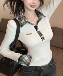 チェックレースアップ長袖ポロシャツ スリムシルエットトップス