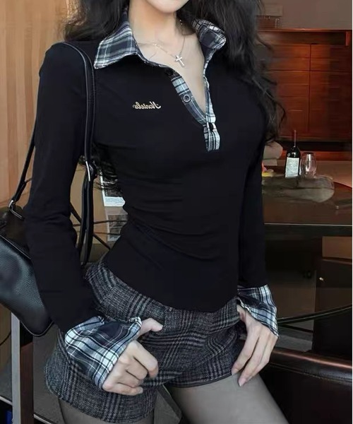 MAISON DE THERESE（メゾン ド テレーズ）の「チェックレースアップ長袖ポロシャツ　スリムシルエットトップス（ポロシャツ・レディース・GRAY/Black/White・M）」の21枚目の写真