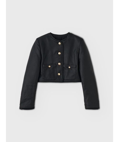EIMY ISTOIRE(エイミーイストワール)の「EM GOLD BUTTON LEATHER JACKET(ノーカラージャケット・レディース・ブラック/キャメル・38/36)」の4枚目の写真