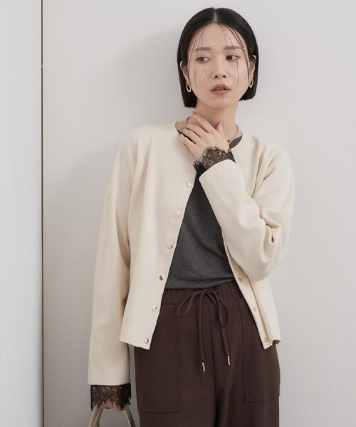 OPAQUE.CLIP（オペークドットクリップ）の「袖口レース／ドットチュール切替トップス【洗濯機OK】（Tシャツ/カットソー・レディース・グレー/ブラック系/チャコール/チャコールグレー・42/40/38）」の21枚目の写真