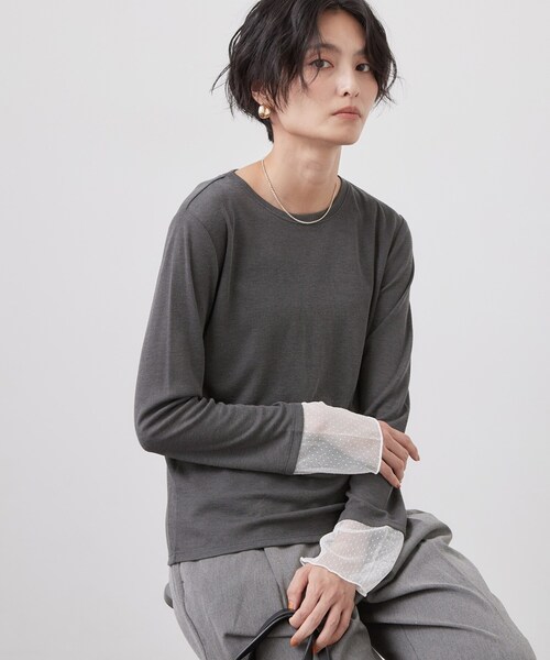 OPAQUE.CLIP（オペークドットクリップ）の「袖口レース／ドットチュール切替トップス【洗濯機OK】（Tシャツ/カットソー・レディース・グレー/ブラック系/チャコール/チャコールグレー・42/40/38）」の19枚目の写真