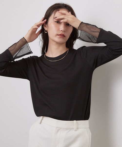 OPAQUE.CLIP（オペークドットクリップ）の「袖口レース／ドットチュール切替トップス【洗濯機OK】（Tシャツ/カットソー・レディース・グレー/ブラック系/チャコール/チャコールグレー・42/40/38）」の15枚目の写真