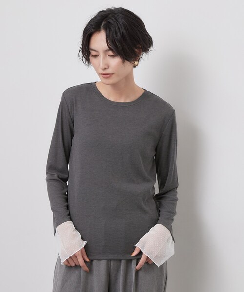OPAQUE.CLIP（オペークドットクリップ）の「袖口レース／ドットチュール切替トップス【洗濯機OK】（Tシャツ/カットソー・レディース・グレー/ブラック系/チャコール/チャコールグレー・42/40/38）」の8枚目の写真