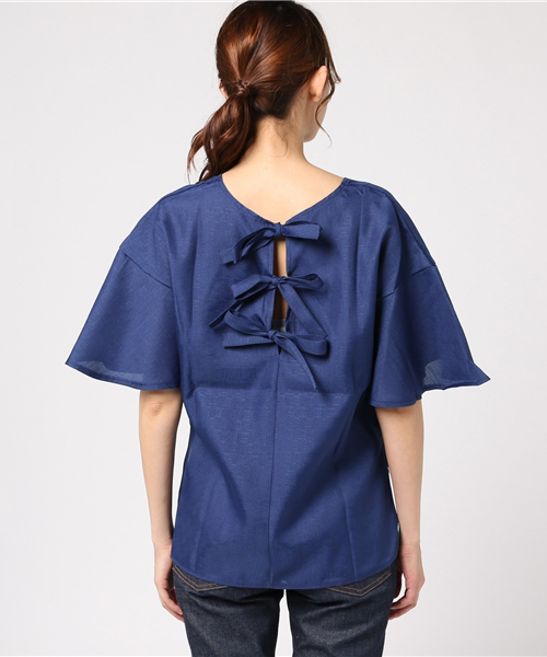 MERLOT（メルロー）の「バックリボンフレア袖トップス4954（シャツ/ブラウス・レディース・ブラック/ライトブルー/ネイビー/オフホワイト/ピンク・FREE）」の7枚目の写真