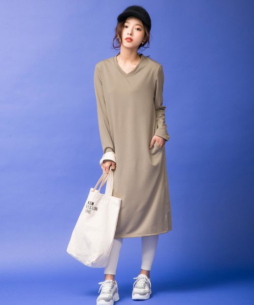 KOBE LETTUCE（コウベレタス）の「ポンチ素材VネックIラインロングワンピース＊レディース[E1909]神戸レタス（ワンピース・レディース・ブラック/ネイビー/カーキ/ボルドー/ライトベージュ/グレイッシュベージュ・FREE）」の4枚目の写真