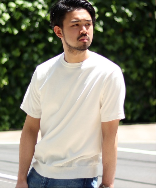 EDIFICE(エディフィス)の「ワシ×ポリ クルーネック ショートスリーブ(ニット/セーター・メンズ・ホワイト/ベージュ/ネイビー/オレンジ・SMALL/MEDIUM/LARGE)」の1枚目の写真