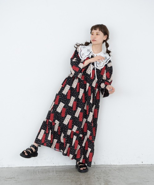 ワンピース ドレス ワンピースドット幾何学柄ティアードワンピース ワンピース Merlot メルロー のファッション