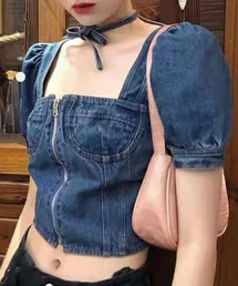 SPIGA（スピーガ）の「前ZIP背デザイン半袖デニムTOPS（Tシャツ/カットソー）」