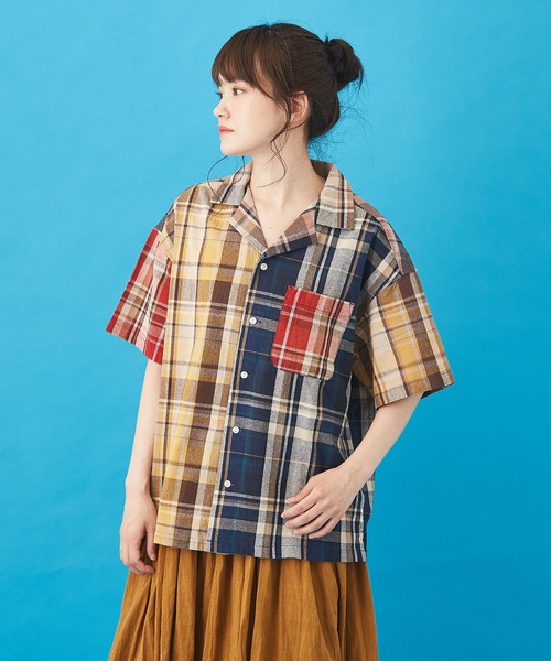 CUBE SUGAR（キューブシュガー）の「先染めチェック オープンカラーシャツ（シャツ/ブラウス・レディース・ネイビー/マルチ/ピンク/イエロー・M）」の4枚目の写真