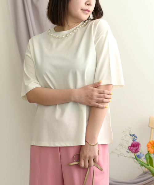 palm RICHE(ポームリシュ)の「パールネックポンチトップス(Tシャツ/カットソー・レディース・オフホワイト/ベージュ/チャコールグレー/ミント/ダークネイビー・M)」の1枚目の写真