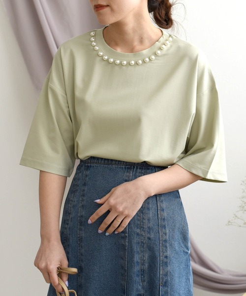 palm RICHE(ポームリシュ)の「パールネックポンチトップス(Tシャツ/カットソー・レディース・オフホワイト/ベージュ/チャコールグレー/ミント/ダークネイビー・M)」の4枚目の写真