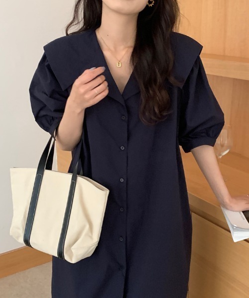 ABITOKYO(アビトーキョー)の「ボリュームスリーブ開襟シャツワンピース(ワンピース・レディース・ベージュ/ネイビー/ライトブルー・FREE)」の14枚目の写真
