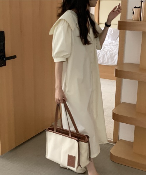 ABITOKYO(アビトーキョー)の「ボリュームスリーブ開襟シャツワンピース(ワンピース・レディース・ベージュ/ネイビー/ライトブルー・FREE)」の5枚目の写真