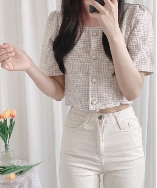 SONA（ソナ）の「SONYUNARA 真珠ボタンツイードカーディガン（カーディガン/ボレロ・レディース・ベージュ/スカイブルー/ピンク・FREE）」の2枚目の写真