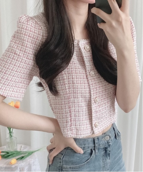 SONA（ソナ）の「SONYUNARA 真珠ボタンツイードカーディガン（カーディガン/ボレロ・レディース・ベージュ/スカイブルー/ピンク・FREE）」の3枚目の写真