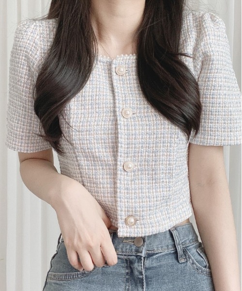 SONA（ソナ）の「SONYUNARA 真珠ボタンツイードカーディガン（カーディガン/ボレロ・レディース・ベージュ/スカイブルー/ピンク・FREE）」の15枚目の写真