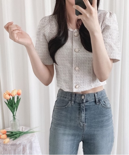 SONA（ソナ）の「SONYUNARA 真珠ボタンツイードカーディガン（カーディガン/ボレロ・レディース・ベージュ/スカイブルー/ピンク・FREE）」の12枚目の写真