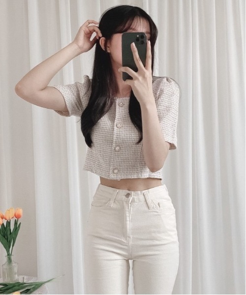 SONA（ソナ）の「SONYUNARA 真珠ボタンツイードカーディガン（カーディガン/ボレロ・レディース・ベージュ/スカイブルー/ピンク・FREE）」の6枚目の写真